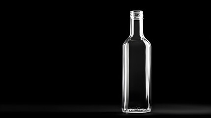 Photograph of a tall, slender, clear glass bottle stands isolated against a dark background.