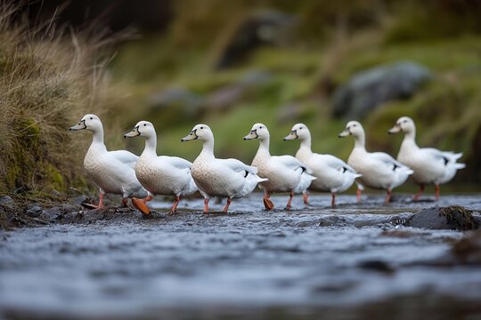 Six white ducks walking across stream at daytime in Scottish Highlands, moving in same direction