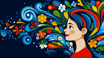 Floral Mind Concept: Woman with Blooming Thoughts for Print, Card, Poster