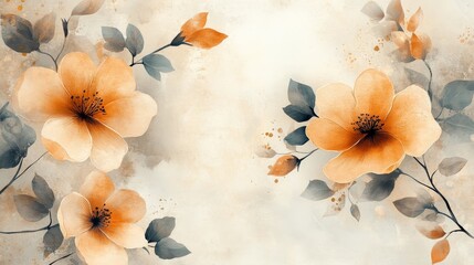 Delicate floral illustration in muted orange and gray tones.