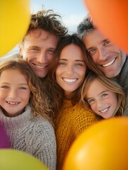 A happy family of four adults and two children smile brightly together framed by colorful balloons on a sunny day.