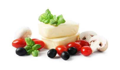 Making pizza. Different ingredients isolated on white