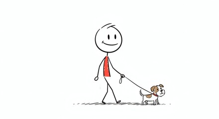 Walking Dog Stick Figure Simple Line Art on White