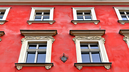 Obraz premium Red building facade, ornate windows, city architecture, low angle shot, historical design, ideal for travel brochures