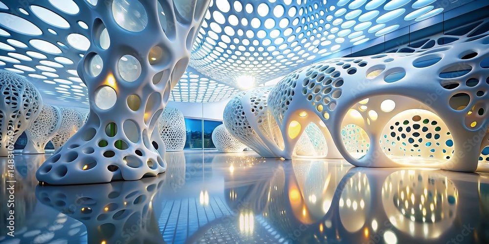 Poster abstract architectural design: white organic forms & perforated walls with bokeh