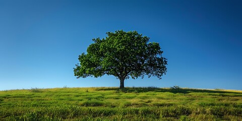 Serene Landscape Featuring a Lone Tree on a Lush Green Meadow under a Vivid Blue Sky