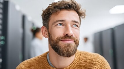 A confident young man with a beard smiles thoughtfully while seated in a modern office environment, highlighting themes of professionalism and innovation.