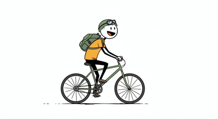 Naklejka premium Stick Figure Riding Bicycle with Backpack and Helmet