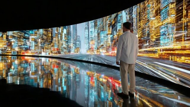 Man Viewing Cityscape: A man stands transfixed before a mesmerizing panoramic display of a bustling city skyline, illuminated by a vibrant tapestry of neon lights and traffic trails.