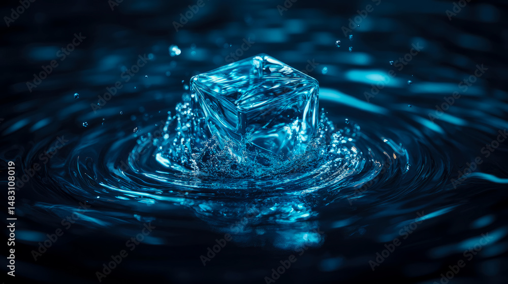 Poster abstract concept: a blue ice cube splashing into rippling water, creating a dynamic effect
