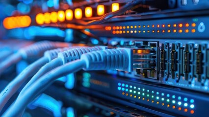 high-tech network server with multiple ethernet cables and glowing led