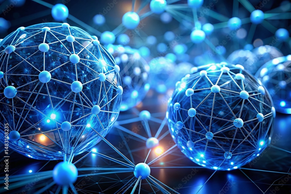 Poster abstract 3d render: blue sphere network with bokeh, futuristic technology background