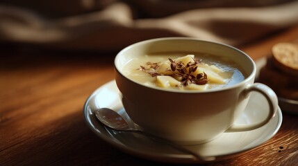 Creamy potato soup in a warm-toned mug, garnished with herbs. Cozy and comforting.
