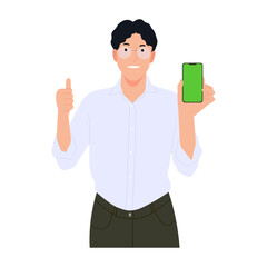 Man showing thumb up holding green screen phone and happy satisfied with mobile phone. Online business concept. Payment, order. Isolated vector illustration on white background.