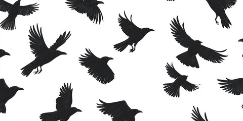 A flock of black crows in flight against a white background.  Silhouette style