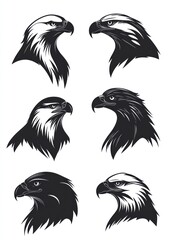 Collection of six vector illustrations of stylized eagle heads in black and white