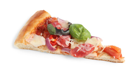 Slice of tasty pizza with thin smoked sausages isolated on white