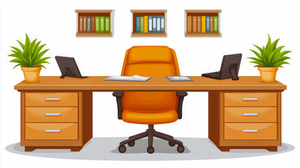 Fototapeta premium Interior Setup: Professional workspace showing a desk, chair, bookshelves, electronic gadgets, and potted plants