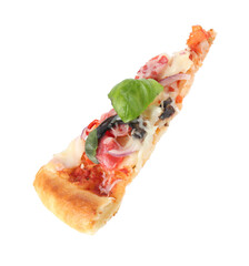 Slice of tasty pizza with thin smoked sausages isolated on white