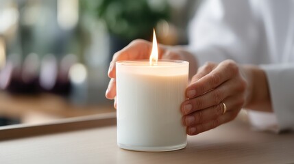 A cozy scene featuring a person gently holding a burning candle. The soft glow creates a warm atmosphere, perfect for relaxation and mindfulness in any home environment.