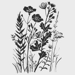 Wild flowers linocut vector illustration with grunge texture. Monochrome linear woodcut illustration.