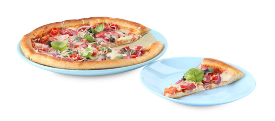 Tasty pizza with thin smoked sausages isolated on white