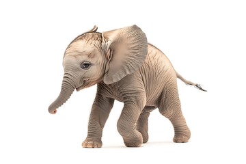Obraz premium A small elephant calf walking on a white background with its trunk slightly raised in the air