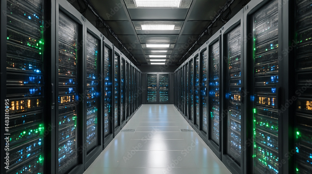 Poster modern data center server room interior technology infrastructure network web dark racks cloud syste