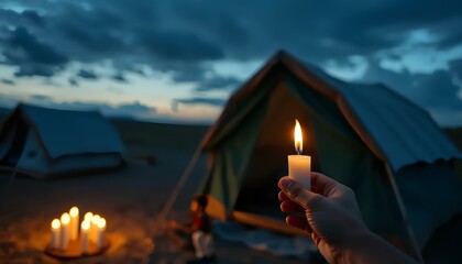 Fototapeta premium Illuminating Hope Candlelight Vigil Tents Under Night Sky concept of World Refugee Day