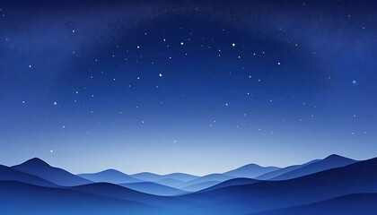 A serene blue landscape shows rolling hills beneath a starlit night sky, evoking peacefulness.