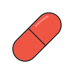 Flat style red capsule pill icon representing modern pharmaceutical medication, antibiotic or vitamin for medical purposes