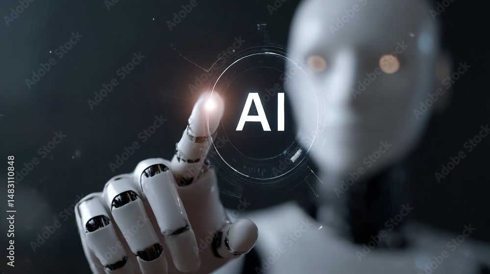 Poster robotic hand interacting with futuristic ai interface technology digital innovation advanced artific