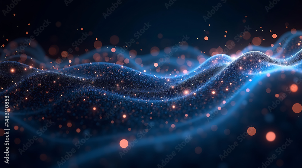 Poster abstract blue and orange wavy background with glowing particles representing data flow