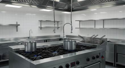 Bright Commercial Kitchen Interior Featuring Stainless Steel Appliances Pots and Metal Shelving For Food Preparation and Culinary Industry