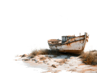 Abandoned boat resting on sandy shoreline.
