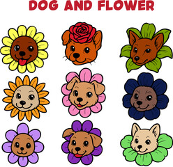set cute dog and flower