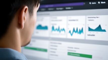 A focused individual analyzes data on a computer screen, showcasing business insights through graphical representations to drive informed decision-making and strategy development.