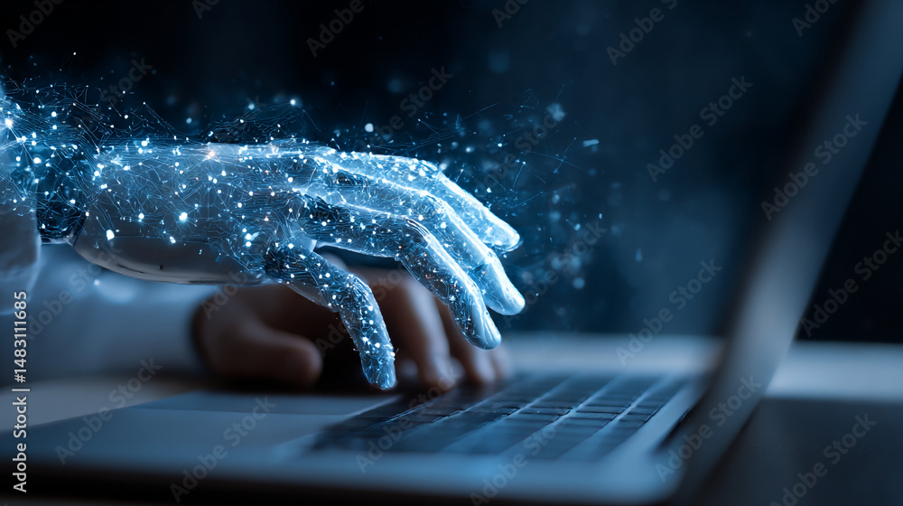 Poster digital hand typing on laptop futuristic technology concept abstract network data artificial intelli