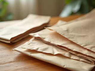 A close-up of biodegradable packaging materials on a wooden table, Ai Generate.