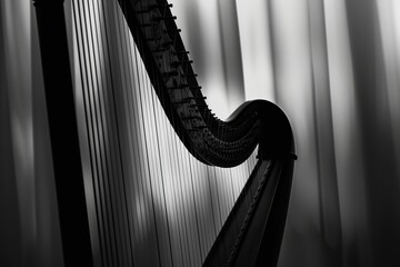 Elegant Black and White Harp with Soft Background Light Effects