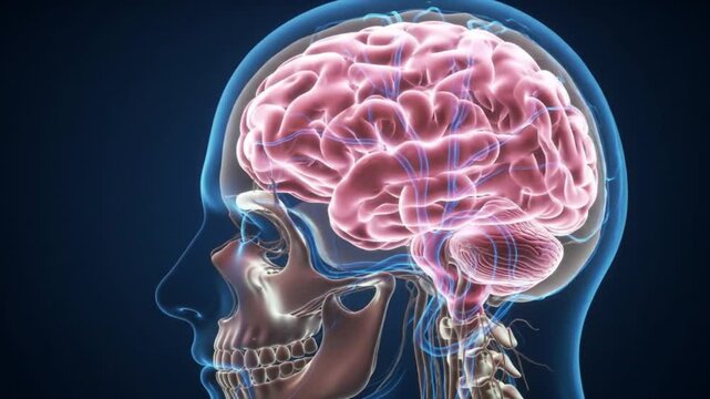 Anatomical 3d animation of the human brain showing pain. Transparent head and neck made of glass, rotating, on a blue background. The animation is smooth, scientific, and educational.