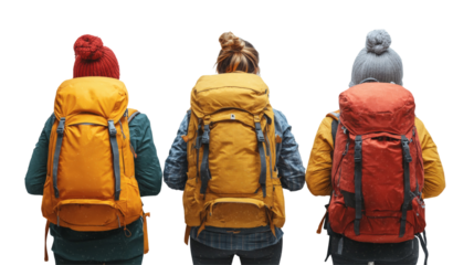 Backpackers rear view three people