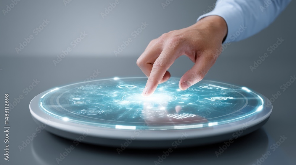 Aufkleber a futuristic hand interacting with a touch interface, displaying holographic data and technology adv