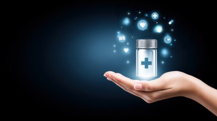 A hand gently holds a glowing medicine bottle, symbolizing healthcare innovation and wellness. The background is dark, enhancing the luminous health icons around the bottle.