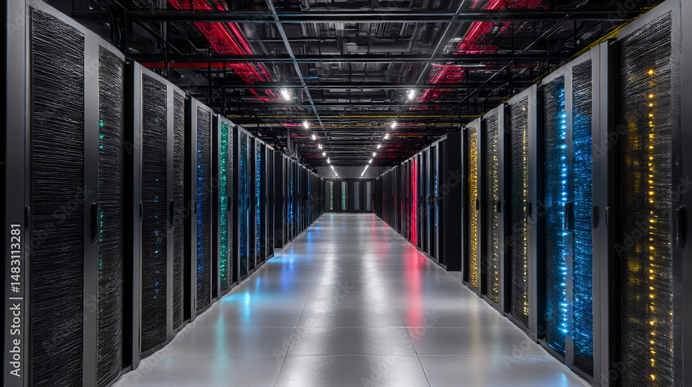 Poster modern data center server room with colorful led lights technology infrastructure network web red da