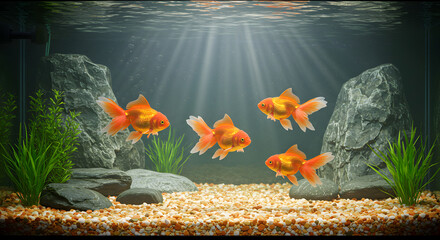 Charming Pixel Art of a Fish Tank Featuring Four Goldfish Gravel Rocks Plants and Streams of Light in an 8 Bit Style