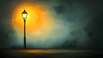 A solitary street lamp emits a warm glow in the fog, its light cutting through the gloom. A serene and mysterious scene