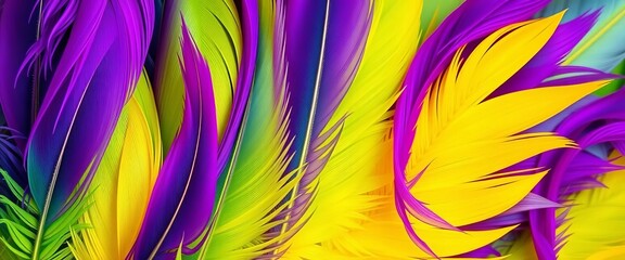 Vibrant purple, green, & yellow feathers forming a bright, textured background, backdrop, beautiful