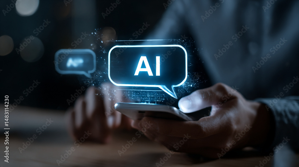 Poster person using smartphone with futuristic ai interface digital technology modern innovation future con