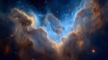 Fototapeta premium Majestic Cosmic Nebula Vibrant Blue and Gold Hues Celestial Cloudscape Starry Night Sky Astronomy Space Exploration